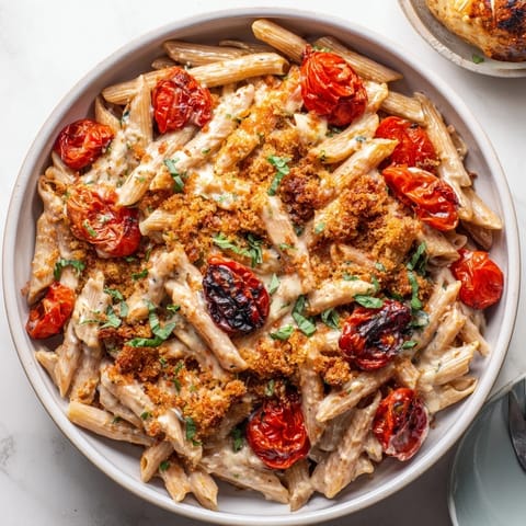 Golden baked goat cheese snowflake tops this Baked Goat Cheese Snowflake Tomato Basil Pasta, alongside roasted tomatoes.