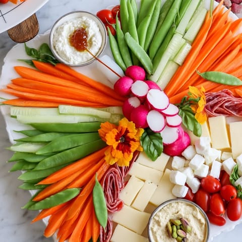 Dragonfly Dance appetizer tray with colorful vegetables, cheeses, and meats arranged delicately.