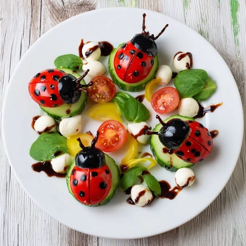 Colorful Ladybug Garden Platter: a creative appetizer, featuring cute veggie ladybugs with mozzarella.