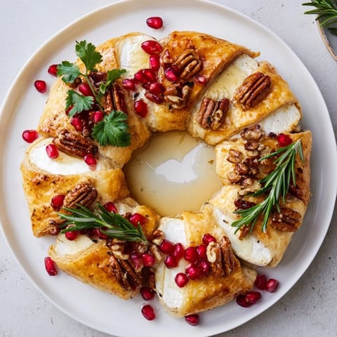 Festive Pomegranate and Brie Wreath topped with fresh herbs offers a beautiful, delicious holiday treat.
