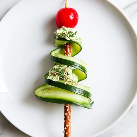Freshly made spiral cucumber ribbon Christmas trees appetizer with vibrant red cherry tomatoes and creamy cheese.