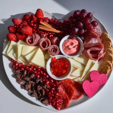 This beautiful Heart of Romance Board presents a delightful spread of savory and sweet treats ready to enjoy.