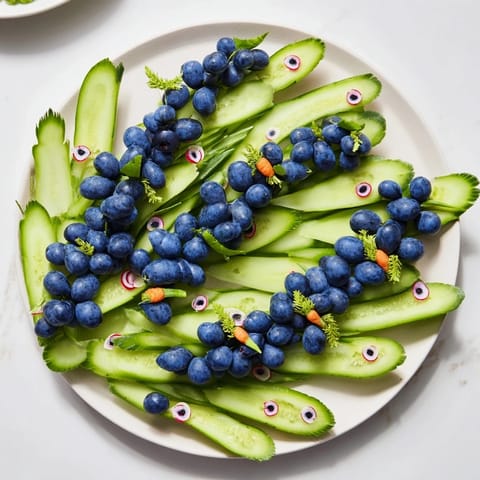 Eye-catching Peacock Tail: A colorful platter with fresh cucumber slices and juicy grapes.
