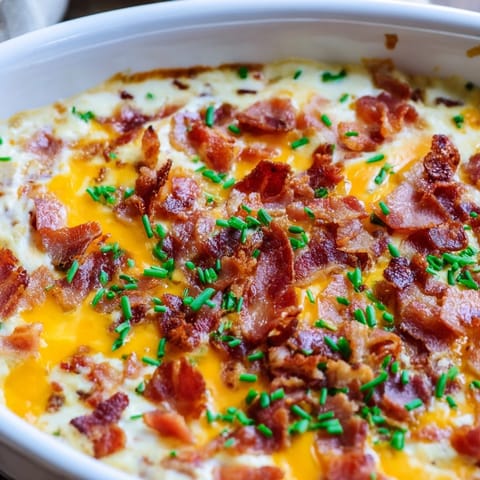 This Cheesy Bacon Ranch Dip features a golden-brown, cheesy top, with visible bacon crumbles and a creamy texture.