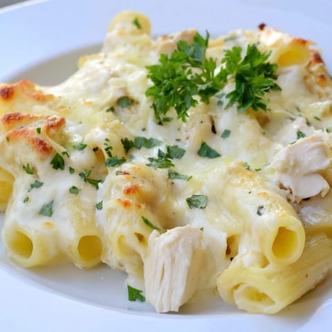 Perfectly baked Chicken Alfredo Bake, showcasing tender chicken in a rich, flavorful sauce.