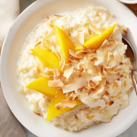 Warm, creamy Toasted Coconut Rice Pudding, aromatic cinnamon and vanilla, perfect for dessert tonight.