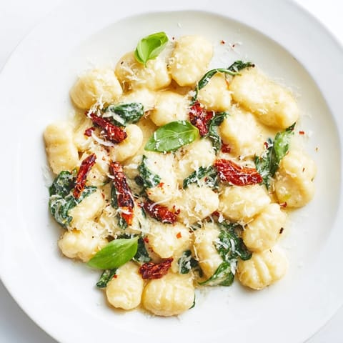 Savory Creamy Tuscan Gnocchi served hot, garnished with fresh basil and Parmesan cheese ready to eat.