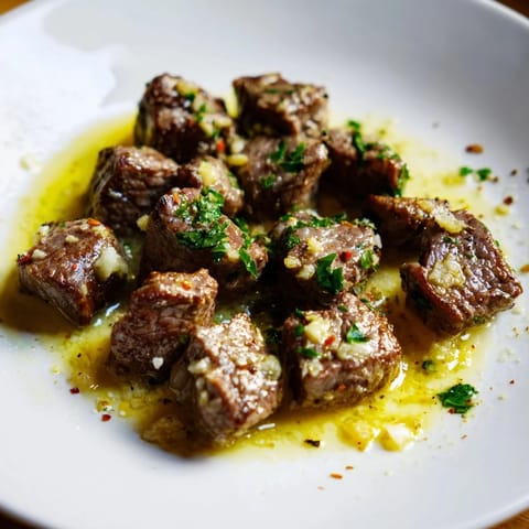 Tender, juicy Garlic Butter Steak Bites with parsley garnish, ready to serve as a delicious main dish.
