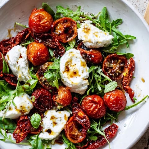 Image shows a colorful Tomato Flight Salad featuring fresh, sun-dried, and roasted tomatoes with creamy burrata cheese.