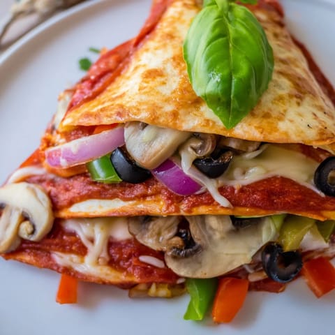 Golden-brown Tortilla Pizza Wrap filled with melted mozzarella, pepperoni, and fresh basil, so delicious!