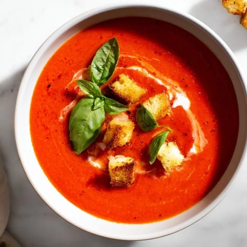This vibrant bowl of Creamy Roasted Garlic Tomato Soup showcases a swirl of cream and roasted tomatoes.