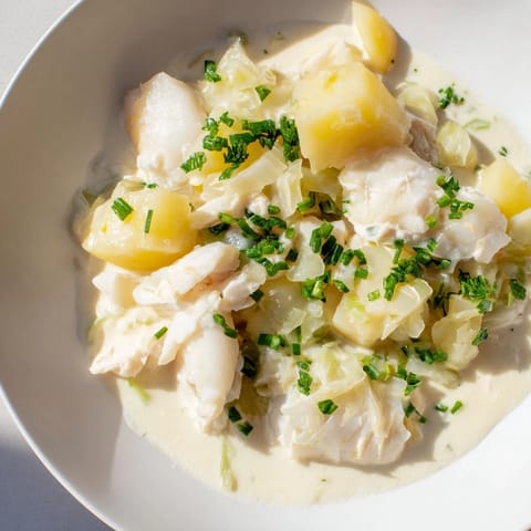 Flaky white fish in a bowl of Icelandic Fish Stew, garnished with fresh, green herbs ready to eat.