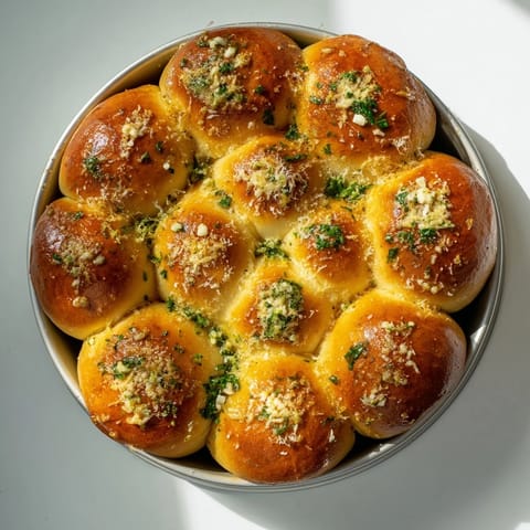 A close-up of a cheesy Garlic Butter Bread Pull-Apart, with melted butter and minced garlic glistening on soft rolls.  