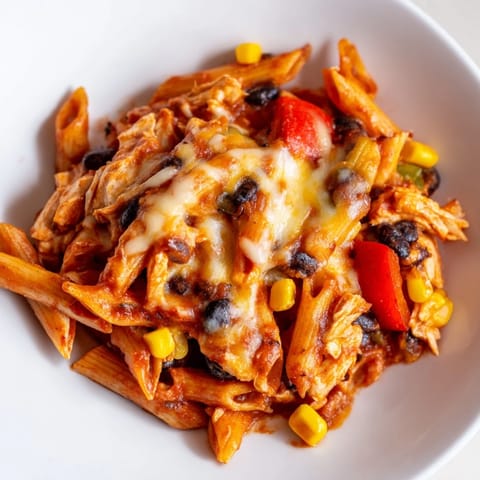 A close-up of creamy Chicken Enchilada Pasta mixed with black beans, bell peppers, and tender shredded chicken.