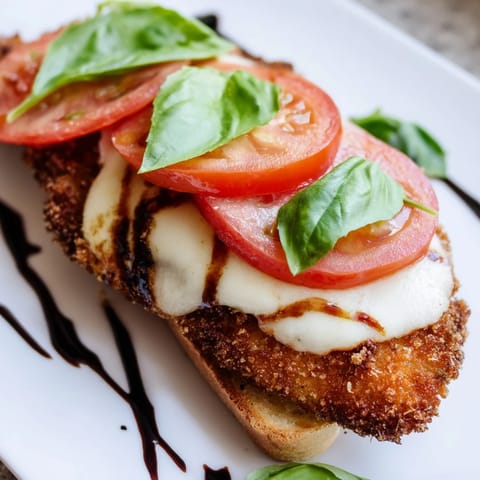 Crispy Chicken Caprese Sandwich served warm on toasted ciabatta, layered with gooey mozzarella, ripe tomato, and fresh basil, drizzled with balsamic glaze.