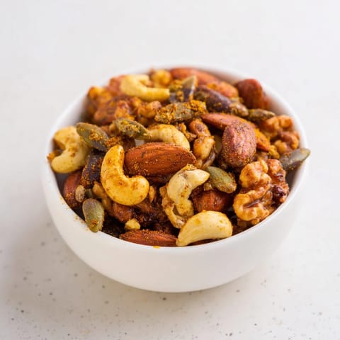 Roasted Spiced Nuts and Seeds Mix spilling from a glass jar, with a small bowl for snacking nearby.