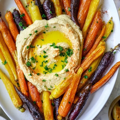 A vibrant platter of seasoned rainbow carrots and smooth hummus, served as a healthy snack for sharing.  