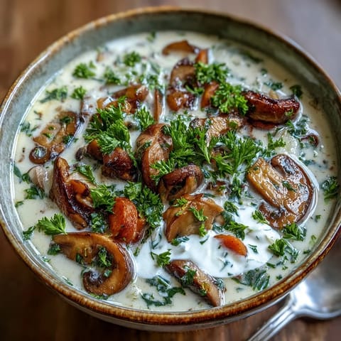 A ladle of rich Creamy Mushroom Stroganoff Soup poured into a white ceramic bowl, garnished with parsley and served alongside crusty artisan bread.
