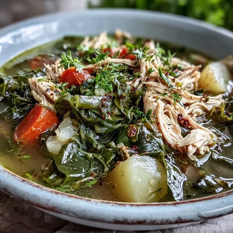 Close-up of tender chicken, potatoes, and chopped collard greens simmering in a savory vegetable broth.