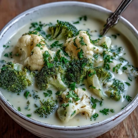 Creamy Vegetable Soup blended smooth, loaded with carrots, broccoli, and cauliflower in a creamy white soup ready to serve.