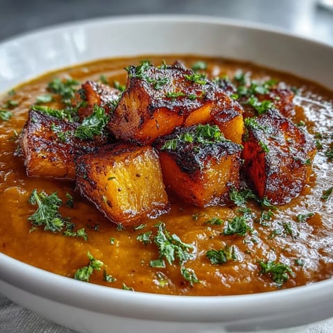 A close-up of creamy butternut squash and lentil soup, with steam rising and spices like cumin visible.
