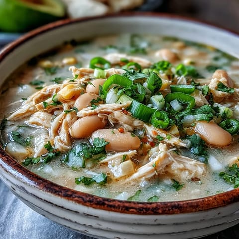 A hearty bowl of White Chicken Chili topped with cilantro, green onions, and melted Monterey Jack cheese, ready to serve.