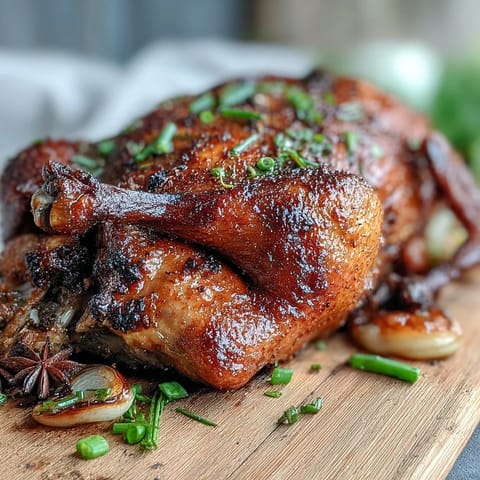 A whole Five-Spice Roast Ducks with glistening, crispy skin served alongside fluffy jasmine rice and greens.