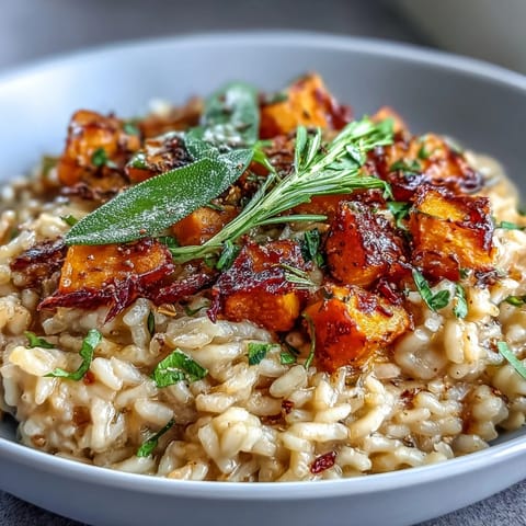 Spoonful of Vegan Pumpkin Risotto showcasing the rich, velvety texture and garnish of fresh sage and lemon zest.