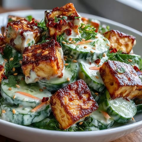 A vibrant, protein-packed Creamy Asian Cucumber Salad with Crispy Tofu ready to serve.