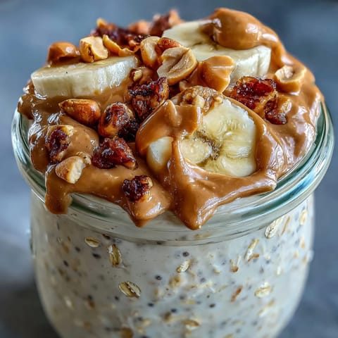 A jar of creamy High-Protein Peanut Butter Overnight Oats topped with fresh berries and chopped nuts.