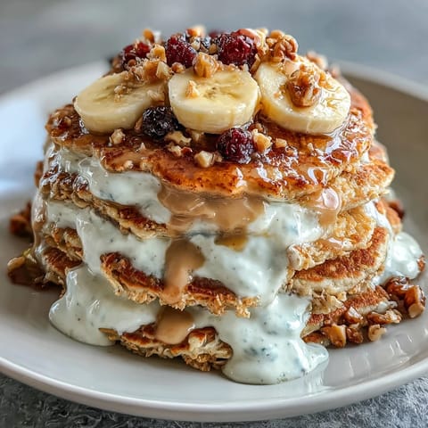 Golden Protein Pancake Bowl features fluffy oats, banana, and protein powder piled with nuts and honey.