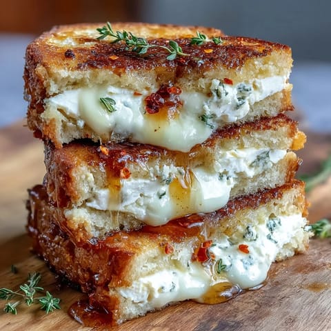 Buttery grilled cheese halves stacked on a plate, revealing a filling of smooth chèvre and cream cheese with fresh thyme and lemon zest.