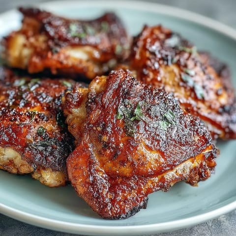 Golden-brown Crispy Baked Bone-In Chicken Thighs rest on a wire rack, showing juicy dark meat and smoky paprika seasoning.