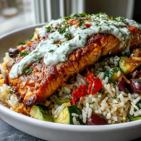 Savory Crispy Rice Salmon Bowl served in a rustic bowl, topped with vibrant red bell peppers, zucchini, and Kalamata olives next to a bright lemon wedge.