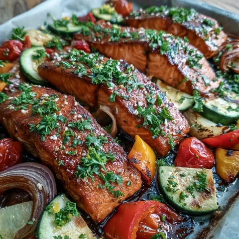 A close-up of the Sheet Pan Salmon and Veggies Bowl, featuring flaky fish and caramelized cherry tomatoes perfect for a weeknight meal.