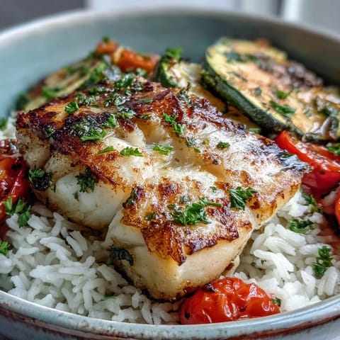 Pan-seared fish bowl features tender cod with caramelized vegetables, drizzled with a bright lemon garlic sauce and fresh parsley garnish.