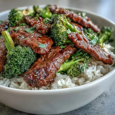 Savory Beef and Broccoli Bowl with saucy beef and steamed broccoli over rice, garnished with fresh green onions.