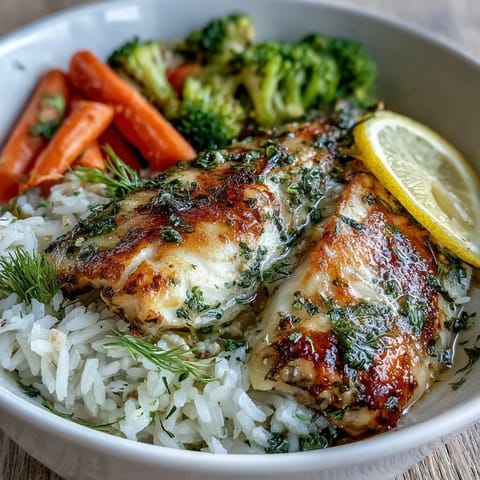 Herb-baked tilapia fillets rest on fluffy rice beside tender steamed broccoli and carrots, ready to serve.