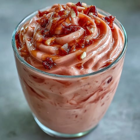 Sweet guava juice smoothie topped with fresh fruit and honey drizzle, perfect for an easy breakfast or snack.