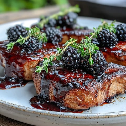 A fork holds a tender slice of Bourbon Blackberry Pork Chop above a creamy pile of mashed potatoes and wilted greens.