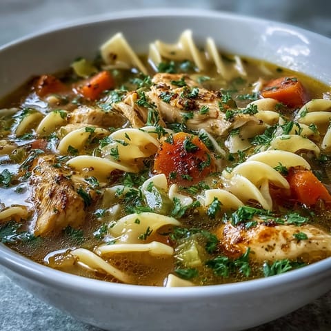 A steaming bowl of ginger turmeric chicken soup topped with fresh parsley and egg noodles.