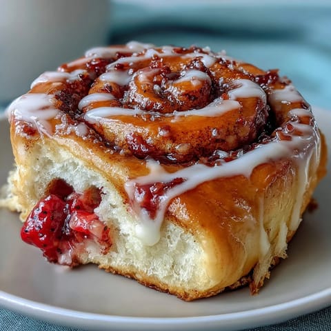 Warm Strawberry Cinnamon Rolls topped with a rich vanilla glaze, dusted with powdered sugar for a cozy breakfast treat.