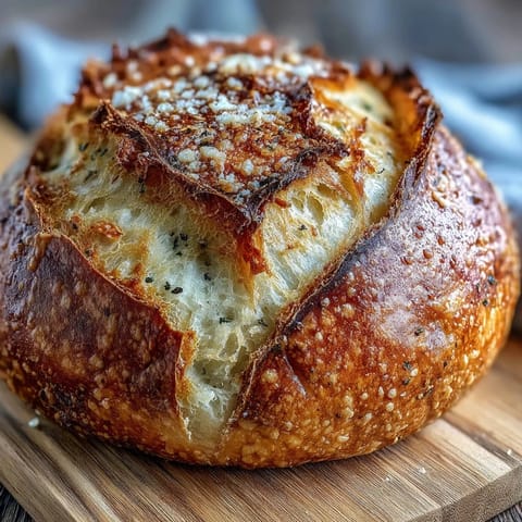 Golden-crusted Perfect Parmesan Garlic Artisan Bread with a tender, cheesy crumb, ready to slice and serve.