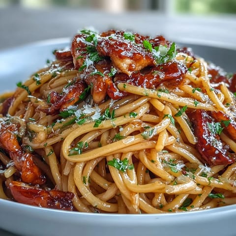 A close-up of Sticky Honey Garlic Chicken Pasta garnished with fresh parsley and red pepper flakes.