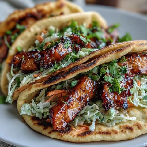 Freshly warmed garlic naan is filled with sticky honey garlic chicken and colorful crunchy slaw, ready to eat.