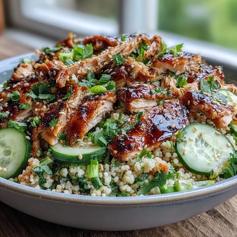 Tender rotisserie chicken and cool cucumbers are tossed with pearl couscous and toasted sesame seeds in this Asian Sesame Chicken Couscous Salad.