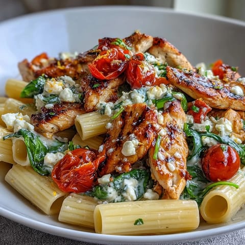 Plated Roasted Garlic & Feta Chicken Pasta with creamy sauce and bright parsley garnish.