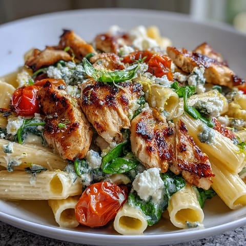 Steaming bowl of Roasted Garlic & Feta Chicken Pasta featuring roasted chicken and spinach.