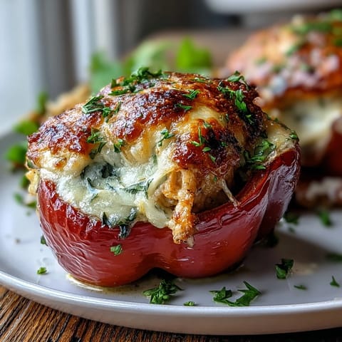 Golden-brown Garlic Parmesan Chicken Stuffed Peppers with melted mozzarella, served fresh from the oven.