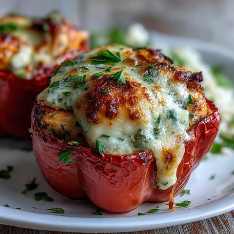 Four colorful bell peppers overflowing with creamy garlic Parmesan chicken and rice filling.